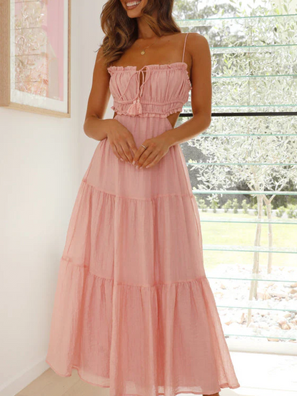 Onbely Robe longue unicolore strappy à fines brides bustier dos nu vacances