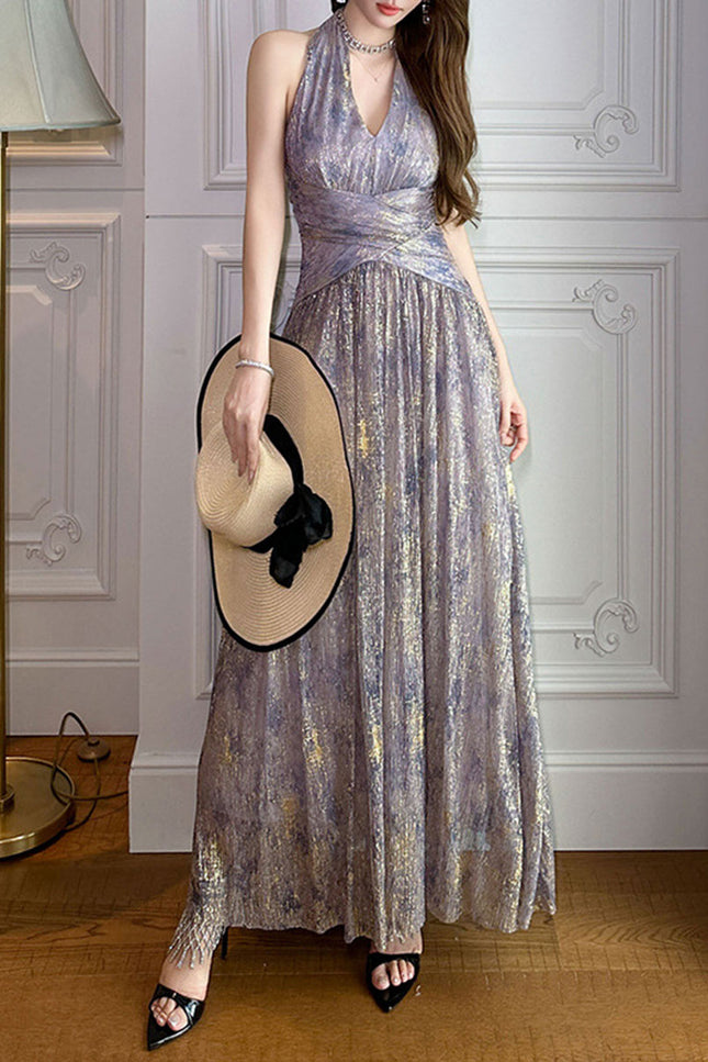 Onbely robe de soirée longue pour les vacances en tissu brillant à licou Col en V pour un mariage femme cérémonie