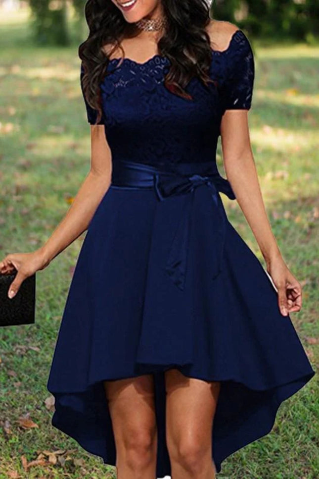 Onbely Robe Midi Vintage en Dentelle Ceinturée à Manches Courtes Cocktail