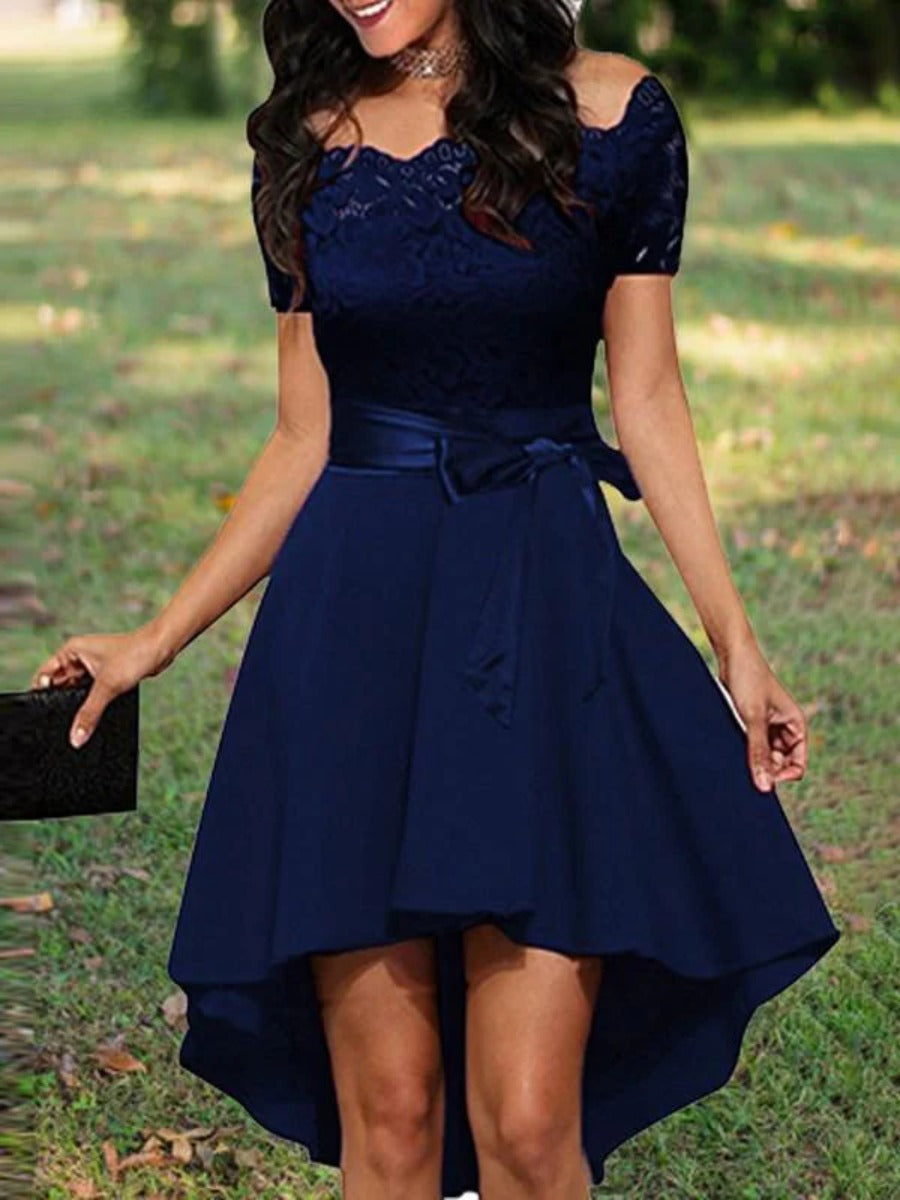 Onbely Robe Midi Vintage en Dentelle Ceinturée à Manches Courtes Cocktail