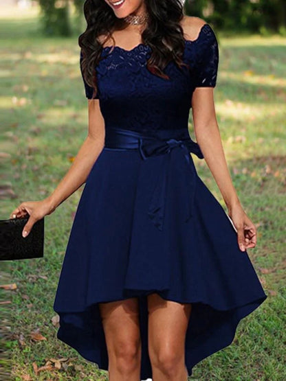 Onbely Robe Midi Vintage en Dentelle Ceinturée à Manches Courtes Cocktail