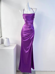 Onbely Long Satin Evening Dress Side Slit Open Back &amp; Thin Straps for Elegant Events