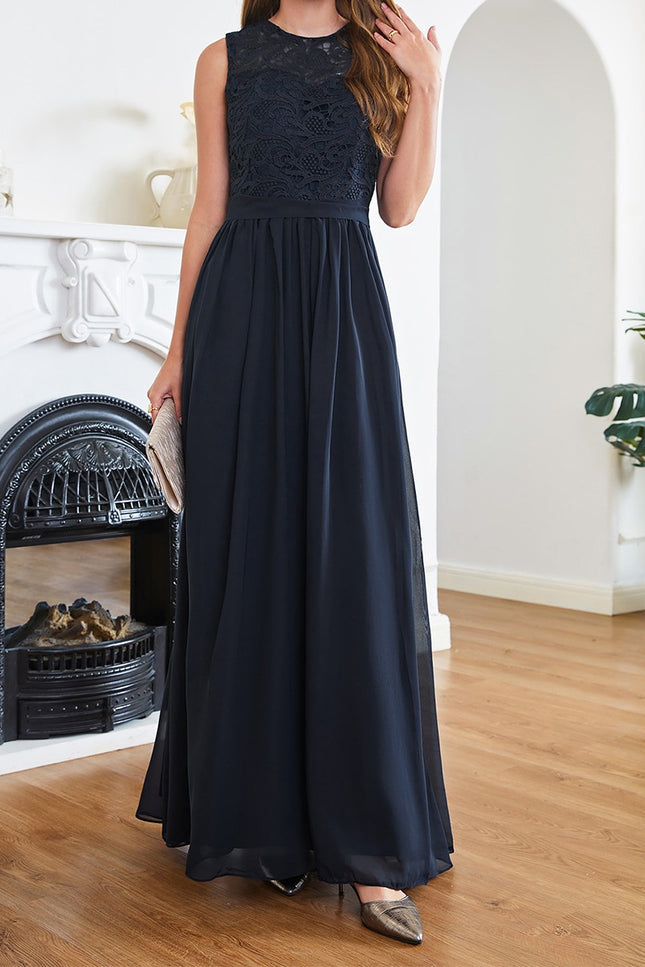 Onbely robe demoiselle d'honneur longue dentelle mousseline col rond élégant