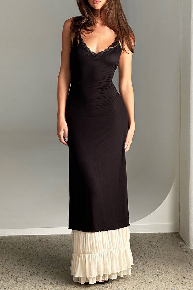 Onbely Robe de soirée longue moulante en dentelle à volants noire pour un mariage