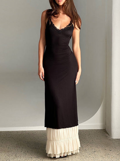 Onbely Robe de soirée longue moulante en dentelle à volants noire pour un mariage