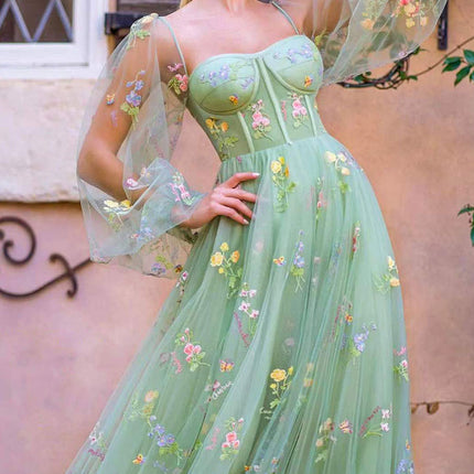 Onbely robe de soirée longue à bustier brodé et manches longues pour un bal de promo ou un mariage