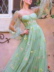 Onbely Long Evening Dress with Embroidered Strapless and Long Sleeves for Prom or Wedding