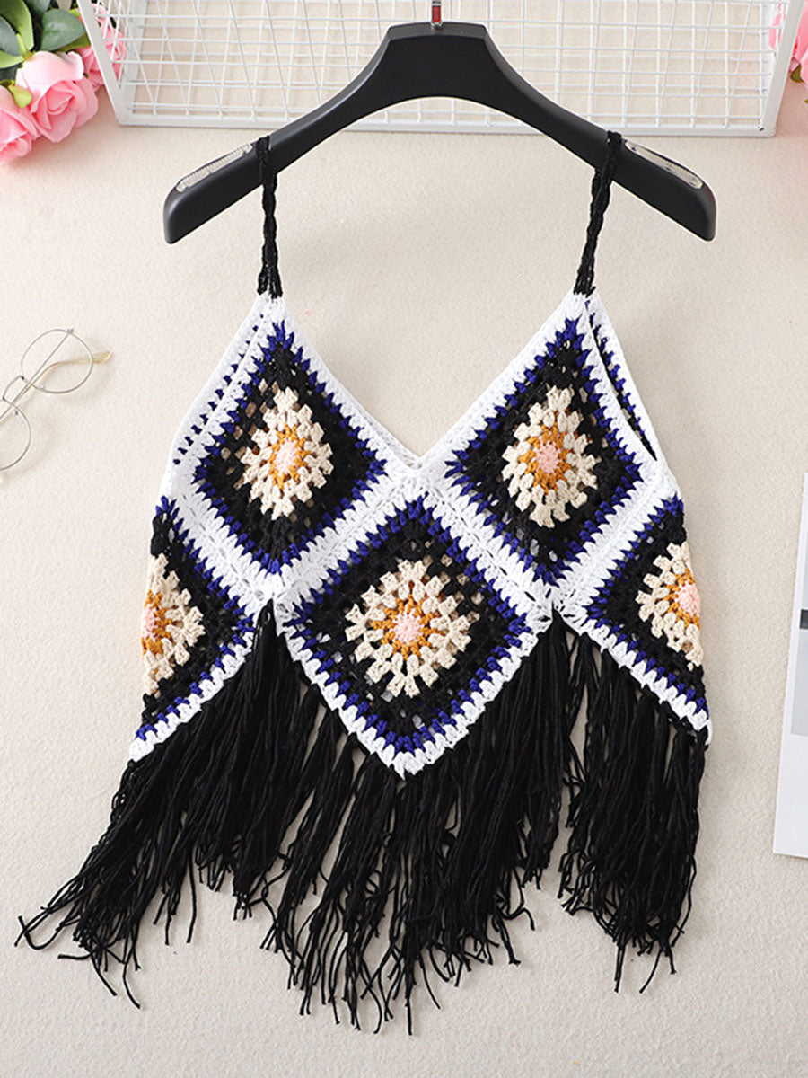 Onbely Débardeur Bohème en Crochet avec Franges Décoratives pour Vacances et Plage