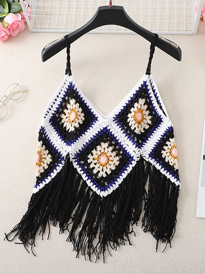 Onbely Débardeur Bohème en Crochet avec Franges Décoratives pour Vacances et Plage