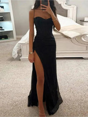 Onbely robe longue moulante fendue sur le côté bustier à fines bretelles sans manches femme élégante de soirée