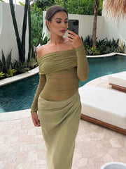 Onbely robe longue moulante en tulle avec épaules dénudées manches longues en maille effet ajouré décontractée robe de bal