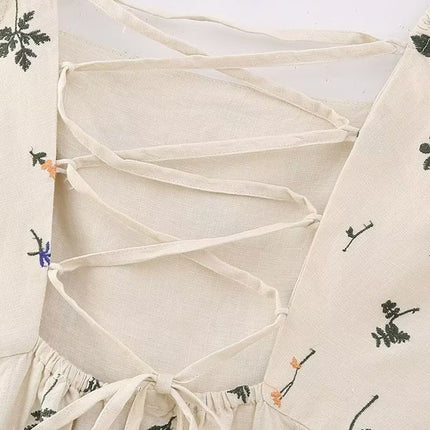 Onbely mi-longue robe fendu le côté lin brodée dos nu bretelle col carré décontracté