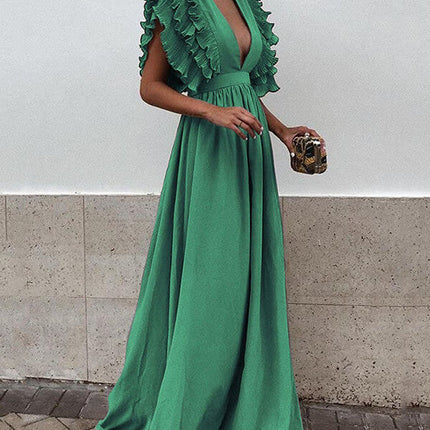 Onbely Robe de soirée longue et maxi à volants décolleté plongeant pour un mariage