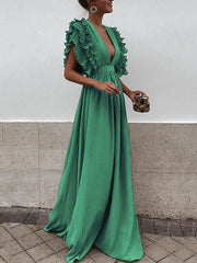 Onbely Long Maxi Evening Dress with Ruffles and Plunging Neckline for Wedding