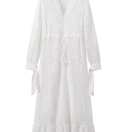 Onbely robe mi-longue dentelle coulisse taille col en V manches longues bohème blanc boho dress