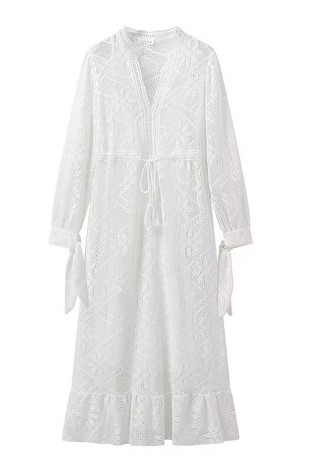 Onbely robe mi-longue dentelle coulisse taille col en V manches longues bohème blanc boho dress