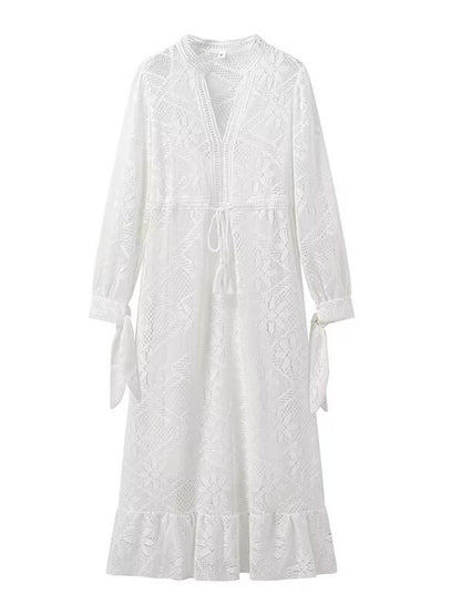 Onbely robe mi-longue dentelle coulisse taille col en V manches longues bohème blanc
