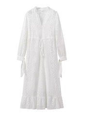 Onbely robe mi-longue dentelle coulisse taille col en V manches longues bohème blanc