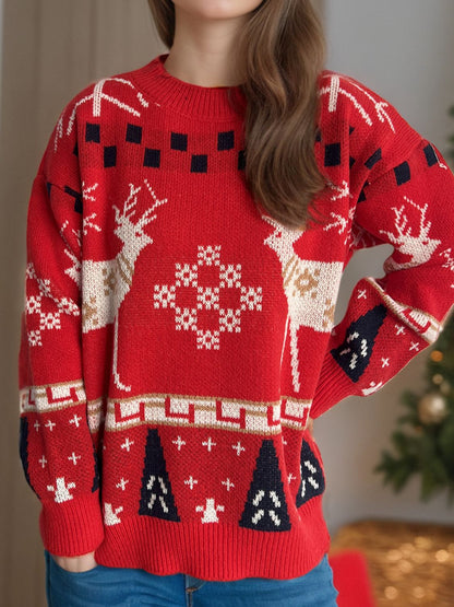 Pull de Noël à col rond et manches longues avec motif de renne