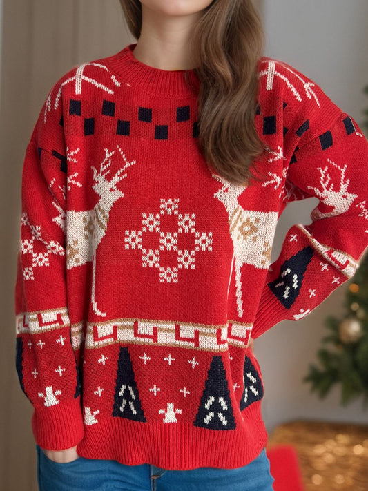 Pull de Noël à col rond et manches longues avec motif de renne