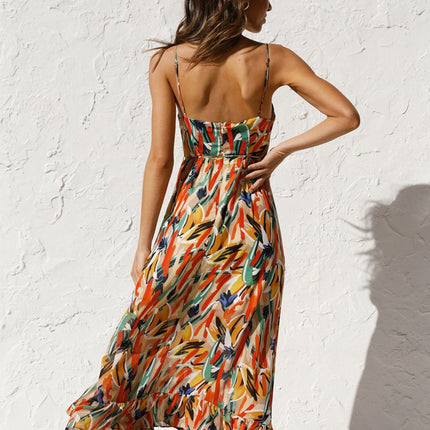 Onbely mi-longue robe imprimé à fleurie dos nu à fines brides col en V doux mode tous les jours vacances boho dress