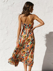 Onbely mi-longue robe imprimé à fleurie dos nu à fines brides col en V doux mode tous les jours vacances