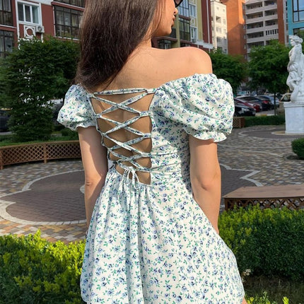 Onbely robe courte trapèze fleurs dos nu col carré manches bouffantes manches courtes taille marquée doux tous les jours vacances