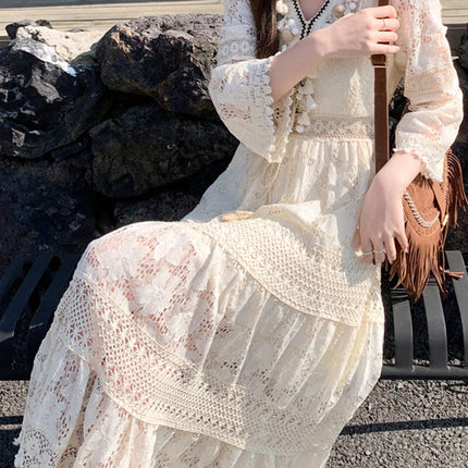 Onbely robe longue bohème à broderie anglaise avec pompons et manches évasées pour plage et vacances boho dress