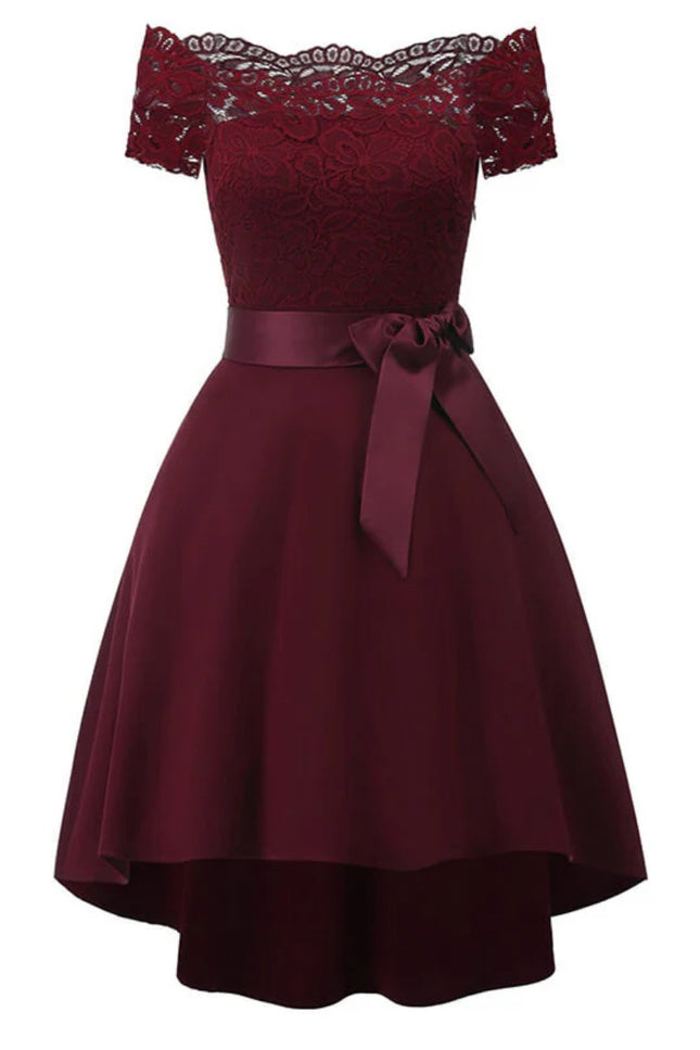 Onbely Robe Midi Vintage en Dentelle Ceinturée à Manches Courtes Cocktail