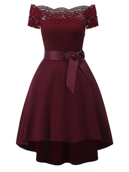 Onbely Robe Midi Vintage en Dentelle Ceinturée à Manches Courtes Cocktail
