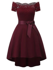 Onbely Robe Midi Vintage en Dentelle Ceinturée à Manches Courtes Cocktail