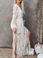 Onbely Long Lace Dress Side Slit V-Neck Bohemian