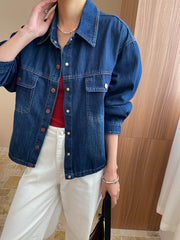 Onbely Dark Blue Denim Shirt Button Down Collar Patch Pockets Removable Long Sleeves