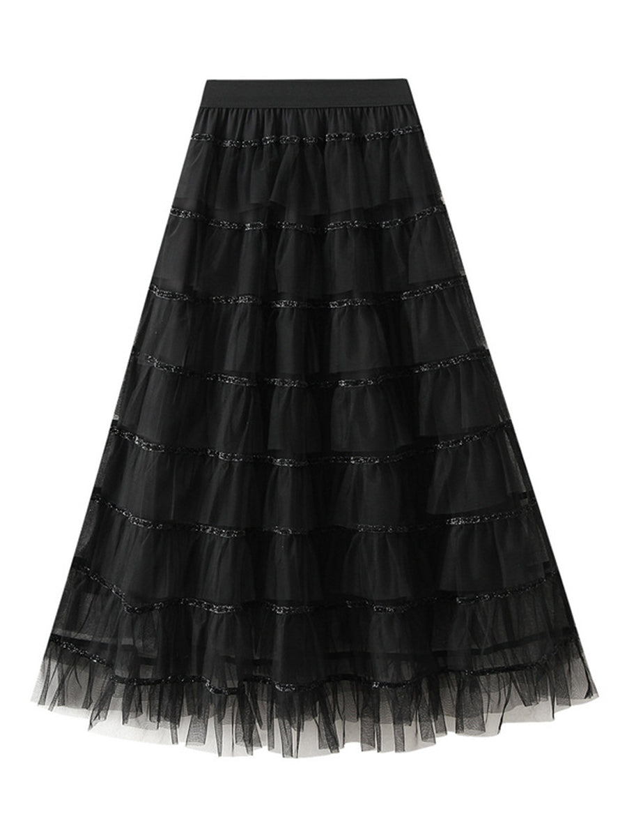 Onbelu Women's Long Shiny Sequin Tulle Layered Ruffle Skirt