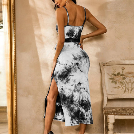 Onbely mi-longue robe tie and dye imprimé à fleurie coton fendu le côté dos nu à fines brides col bateau coulisse taille mode tous les jours