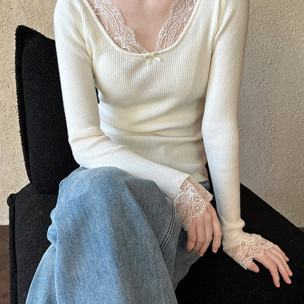 Onbely pull en maille dentelle Col en V manches évasées femme élégant