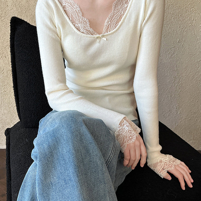 Onbely pull en maille dentelle Col en V manches évasées femme élégant