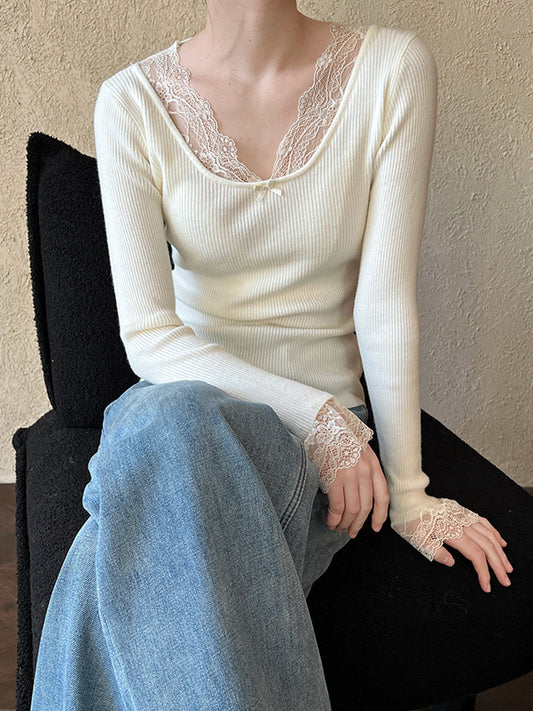 Onbely pull en maille dentelle Col en V manches évasées femme élégant
