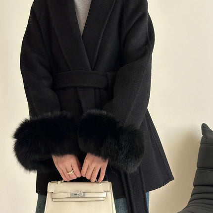 Onbely manteau en laine courte fausse fourrure avec ceinture pour femme