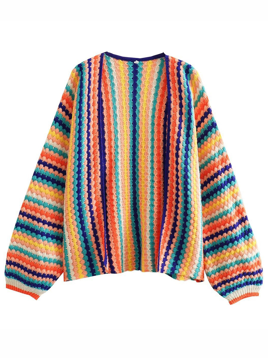 ONBELY Women's Loose Casual Rainbow Striped Cardigan