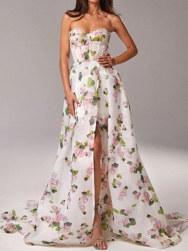 Onbely robe maxi longue imprimé à fleurie bustier fendu le côté - onbely