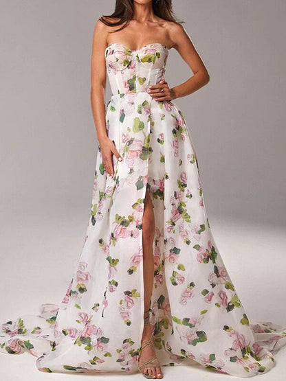 Onbely robe maxi longue imprimé à fleurie bustier fendu le côté - onbely