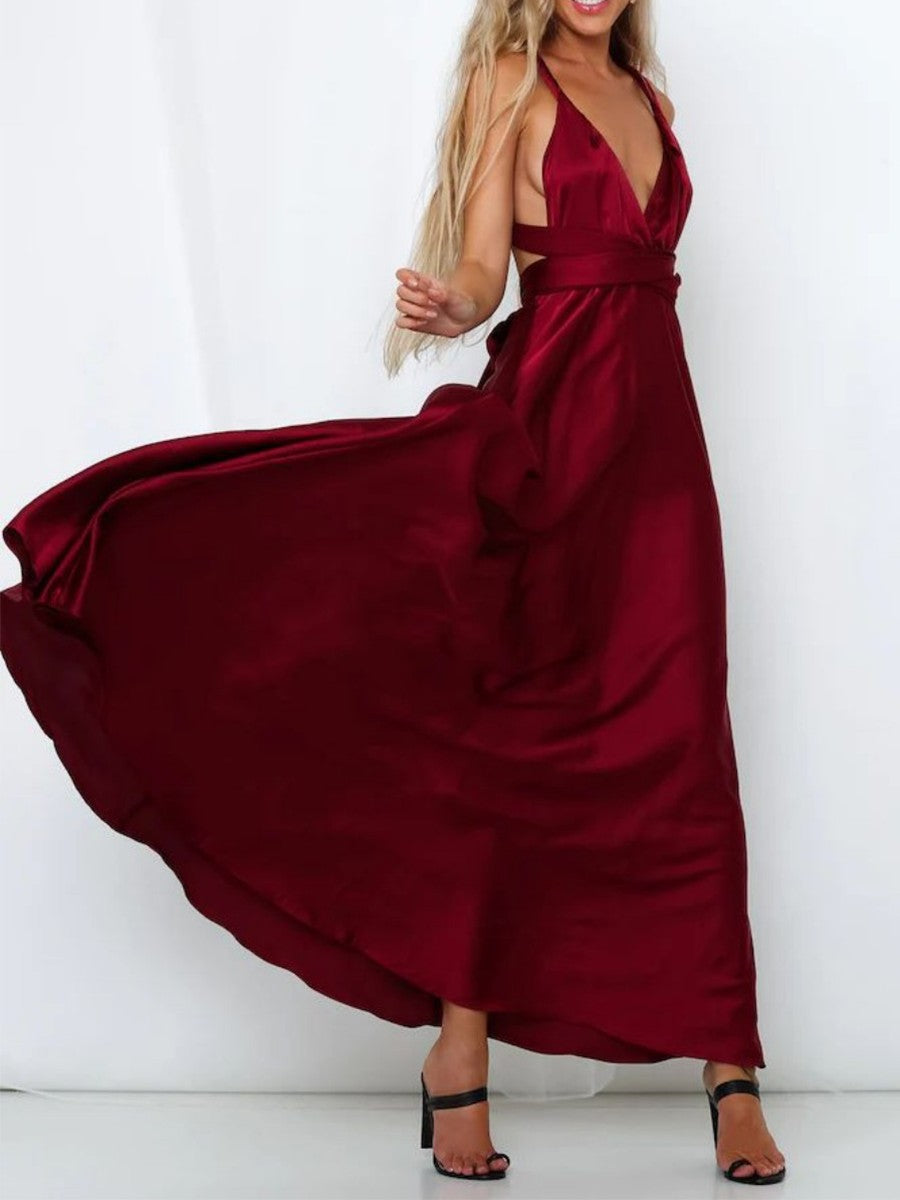 Onbely robe de soirée longue unicolore dos nu col en V licou/ras-du-cou taille élastique élégant invité mariage bal de promo