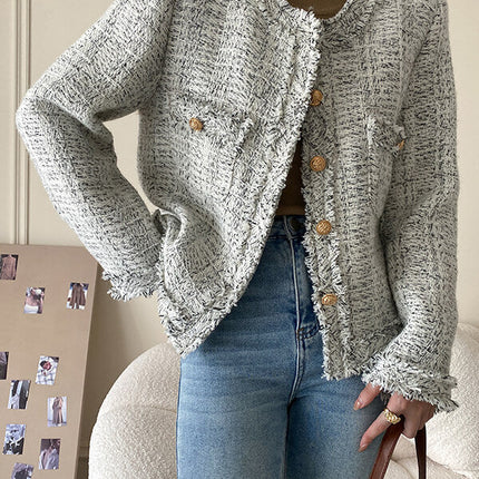 Onbely veste courte en tweed boutonnage avec poches col rond femme mode