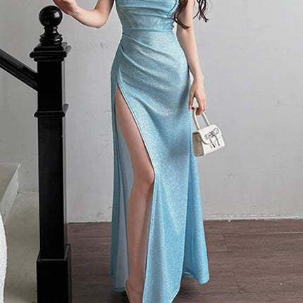 Onbely robe de soirée longue fendu le côté brillante paillette dos nu mode bleu