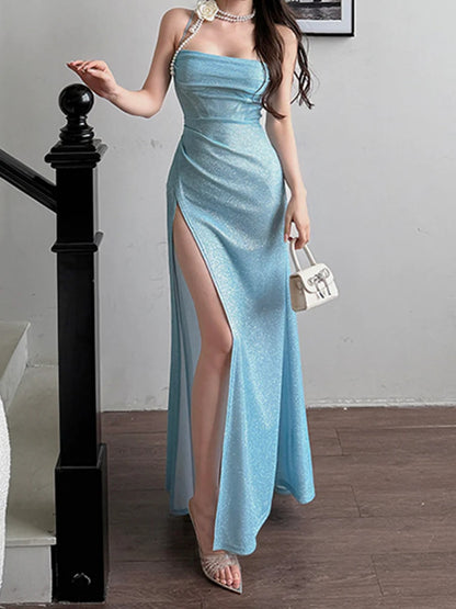 Onbely robe de soirée longue fendu le côté brillante paillette dos nu mode bleu