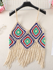 Onbely Bohemian Crochet Tank Top with Decorative Fringe for Vacation and Beach