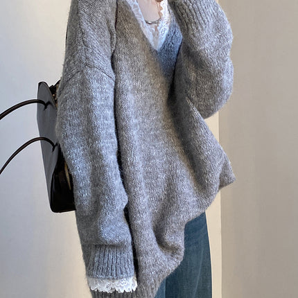 Onbely pull dentelle Col en V pour femme ample casual