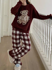 Onbely Women's Christmas Plaid Teddy Bear Fleece Pajama Set