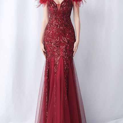 Onbely robe de soirée maxi longue en paillettes brillantes avec plumes pour un mariage femme cérémonie